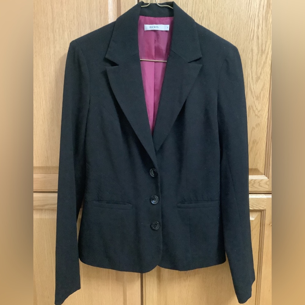🍉 Ricki’s blazer, button up, collar, lined, gathered detail in back US 2, black